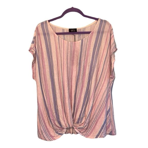 W5 Twist Front Top Pink Purple Blue White Striped Knit Scoop Neck Short Sleeve S - Picture 1 of 6